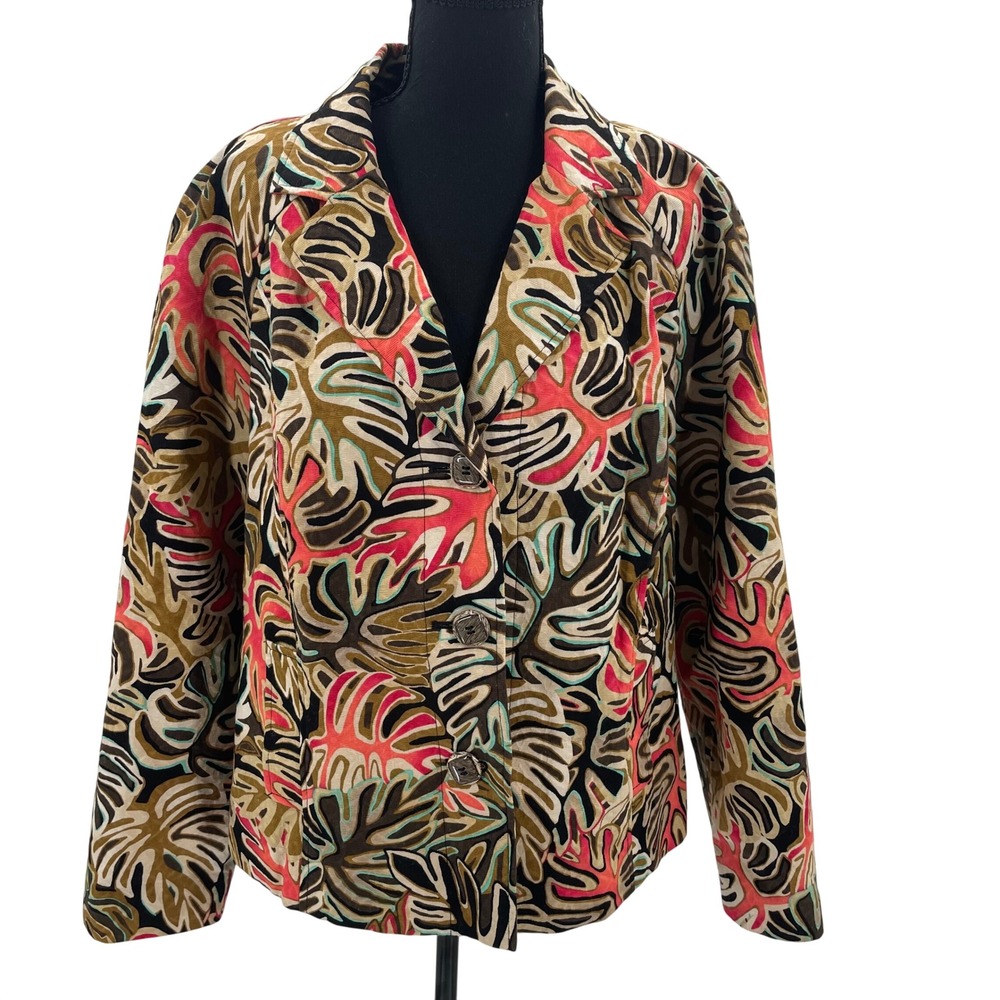 R.Q.T. Womens Tropical Monstera Leaf Corduroy Blazer Jacket XL Multicolor Cotton